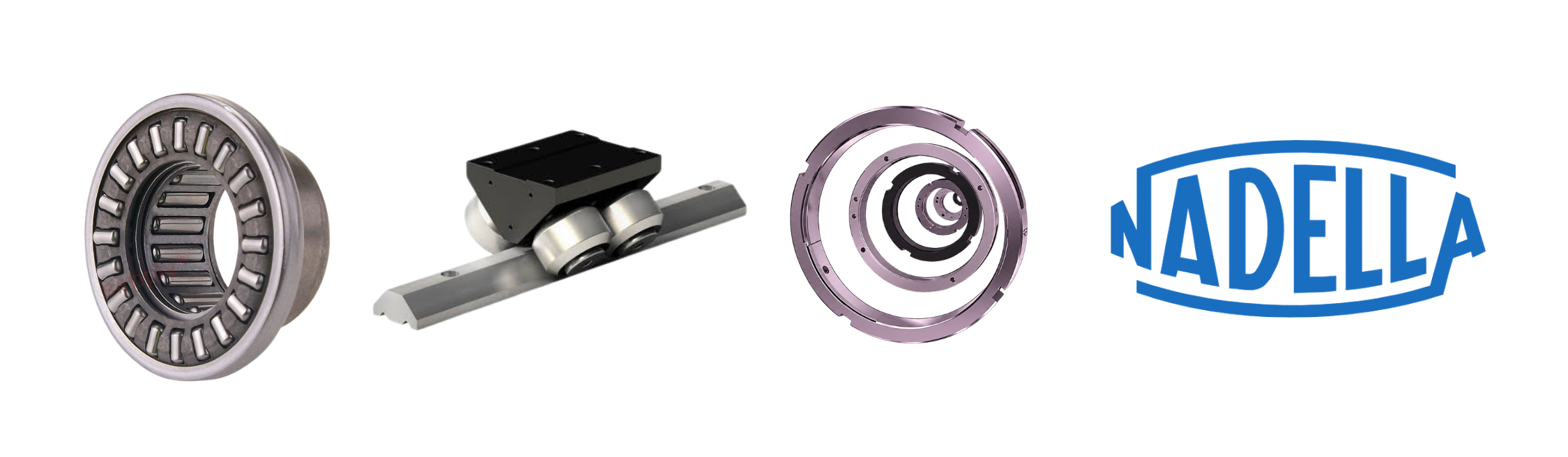 NADELLA combined needle roller bearing, roller guide carriage on a steel linear rail, and a nested set of precision locknuts, alongside the blue NADELLA logo